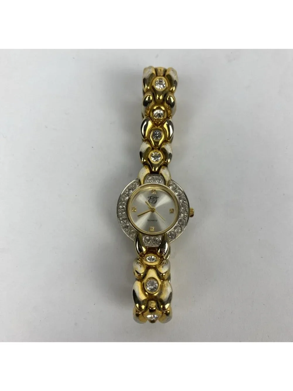 LADIES EJ QUARTZ FAUX DIAMOND STAINLESS STEEL BACK WATCH. JAPAN MOVT. Untested